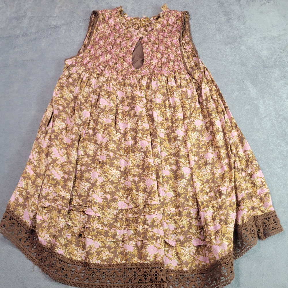 Free People Tunic Women Large Brown Pink Floral Smock Lace Trim Boho Mini Dress - Picture 7 of 13